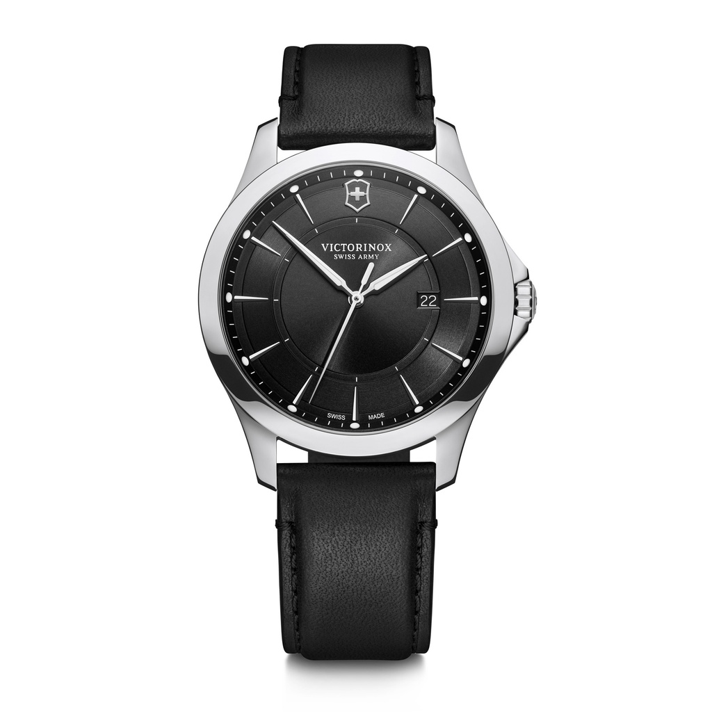 Victorinox Alliance horloge met zwart leren band en wijzerplaat en saffierglas